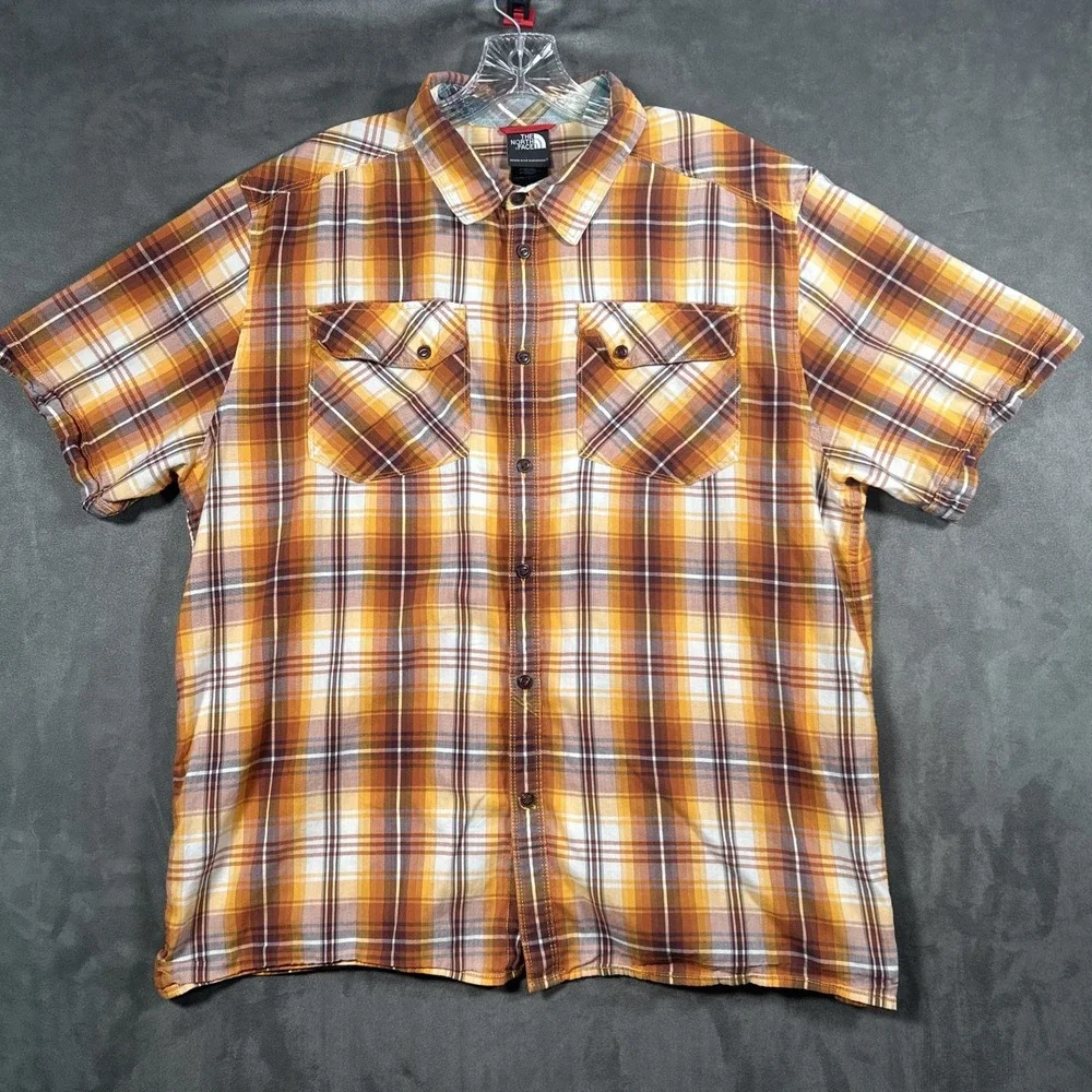 North Face Mens XL Plaid Short Sleeve Shirt Cotton Modal Blend Brown Orange